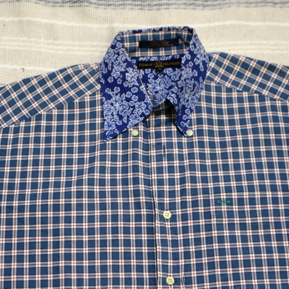VTG TOMMY HILFIGER Flower Collar Plaid Shirt Sz Medium Men - Picture 2 of 8